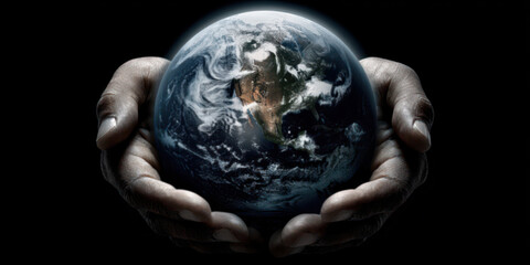Planet earth embraced by human hands before black background