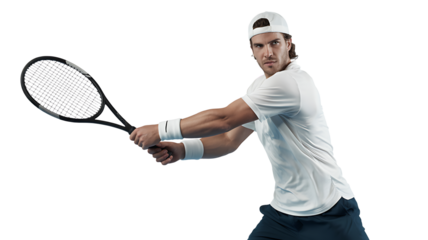 Confident male tennis player in action, poised to strike the ball with intense focus and athletic grace, ready for victory on the court.