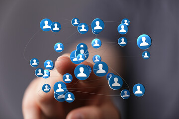 Abstract network of people linked by lines. Concept of connection and communication.  Hand touching social connections.