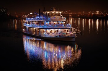 Evening cruise on a beautifully lit riverboat