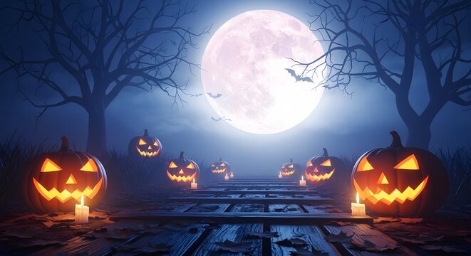 Spooky halloween night with glowing jackolanterns and a large full moon illuminating a path of wooden planks, creating a frightening atmosphere