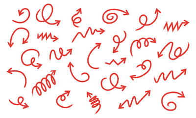 Hand Drawn Arrow Doodles Collection – Red Pencil Arrows, Paint Brush Stroke Icons, Grunge Marker Scribbles, Artistic Sketch Pointers, Chalk and Crayon Line Symbols Set on White Background
