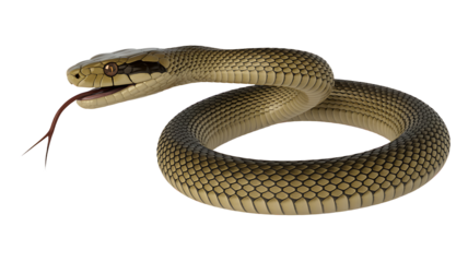 Intricate coiled snake with forked tongue flicking, a symbol of danger, transformation, and primal power, ready to strike or shed old skin in a striking visual.