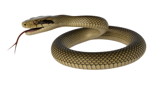 Intricate coiled snake with forked tongue flicking, a symbol of danger, transformation, and primal power, ready to strike or shed old skin in a striking visual.