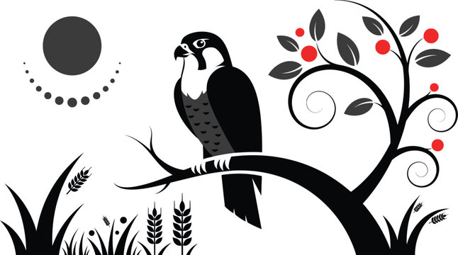 Majestic falcon perches on a branch beneath a stylized sun, surrounded by nature's elements.