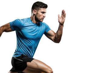 A muscular man in a blue athletic shirt and black shorts, stretching with his right hand raised, against transparent background