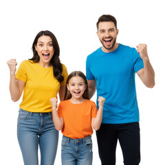 Fototapeta premium Trio Celebrating with Raised Fists – Energetic, Joyful Moment of Shared Triumph and Success