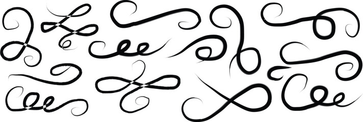 Collection of elegant black hand drawn decorative flourishes and swirls on a white background