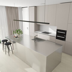 Minimalist modern kitchen with sleek stainless steel island, soft beige cabinets, and black bar stools. Bright and elegant space with clean lines and natural light