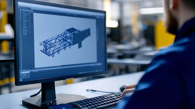 Engineer designs complex machinery on a computer. CAD software displays detailed 3D model of the structural design. Precision and innovation converge in the digital workspace.