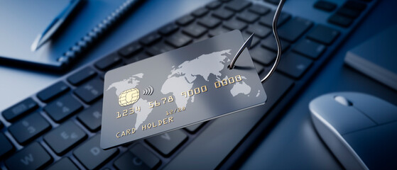 Phishing hook stealing credit card to show online fraud, identity theft, and financial cyber crime