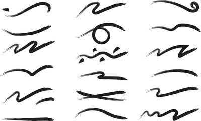 Collection of hand drawn brush stroke scribbles and swirls on white background