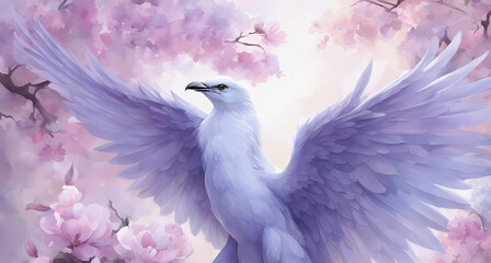 Serene scene with white doves and soft pink flowers background, nature wallpaper, cherry blossom in spring