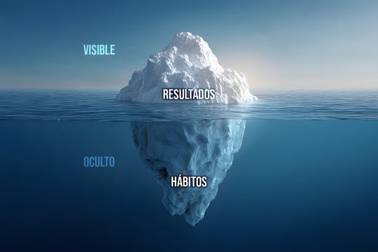 Infograf&iacute;a de un iceberg que muestra el &eacute;xito en la superficie mientras que debajo permanecen ocultos el trabajo duro, los h&aacute;bitos, los riesgos, los fallos, la disciplina y la perseverancia detr&aacute;s del