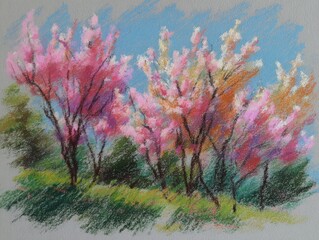 Branches of blossoming cherry macro with soft focus on gentle light blue sky background in sunlight with copy space. Beautiful floral image of spring nature.