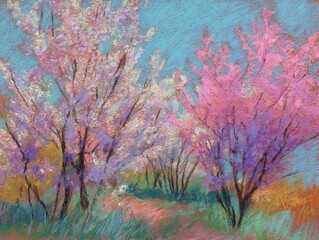 Branches of blossoming cherry macro with soft focus on gentle light blue sky background in sunlight with copy space. Beautiful floral image of spring nature.