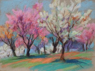 Branches of blossoming cherry macro with soft focus on gentle light blue sky background in sunlight with copy space. Beautiful floral image of spring nature.