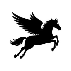 Silhouette of a black winged horse pegasus in mid air