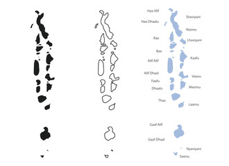 Vector Map of the Maldives with Atolls and Labels, Outline and Solid Versions