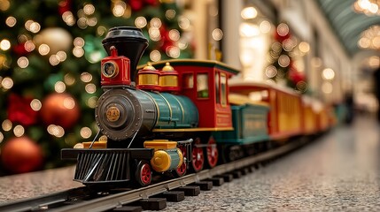 A colorful toy train on tracks with a festive background of Christmas decorations and lights. The scene captures a joyful holiday atmosphere.