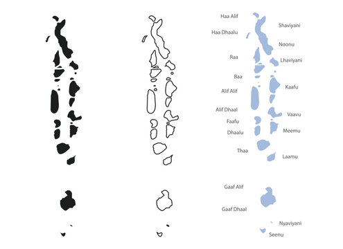 Vector Map of the Maldives with Atolls and Labels, Outline and Solid Versions