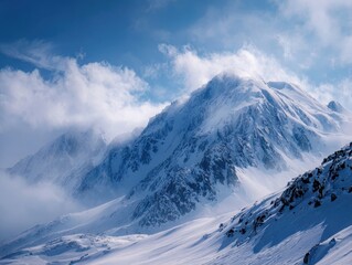 Dramatic Winter Mountain Landscape Snow Covered Peaks Clouds Blue Sky