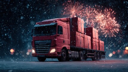 Truck in snow with fireworks