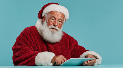 Modern Santa Claus in festive red attire, joyfully using a tablet, showcasing a blend of tradition and technology in a cheerful holiday atmosphere with vibrant background