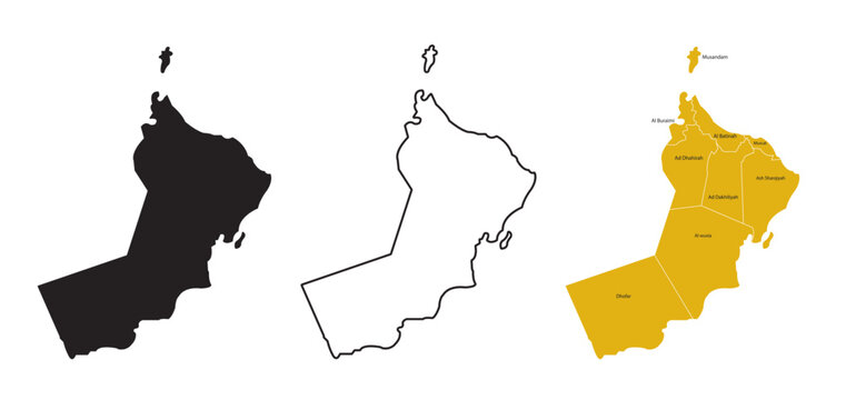Detailed Map of Oman with Regions, Outline and Solid Silhouette Versions