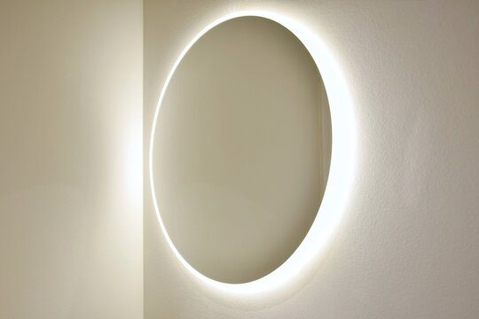 A round mirror with backlight hangs on the wall.