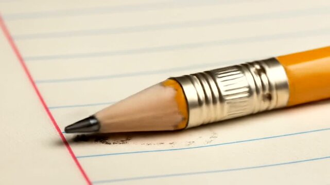 Close-up of a sharpened pencil resting on lined paper with graphite smudges, ideal for educational themes