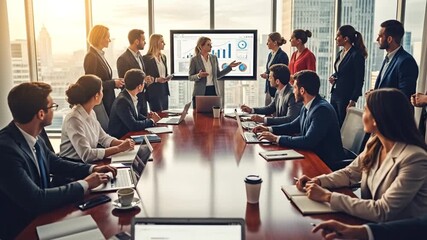 Diverse executive team collaborating on a business presentation, analyzing data charts and graphs in a modern city boardroom - Powered by Adobe