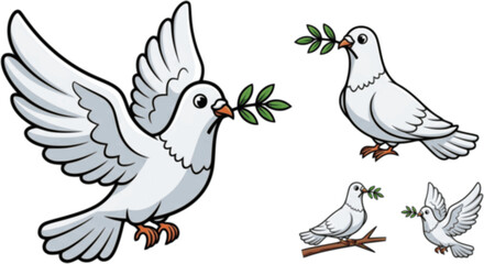 Obraz premium Pigeon of peace cartoon vector illustration on white background.Vector illustration set icon dove of bird .Isolated set cartoon icon pigeon. 