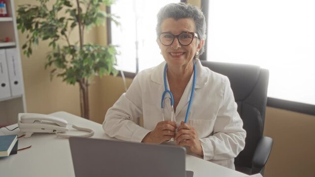 Senior woman doctor with grey hair in a clinic office holding a stethoscope smiling at her desk surrounded by office equipment and a plant.