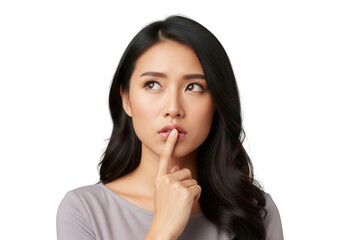 Naklejka premium Young woman makes a quiet gesture holding finger to lips