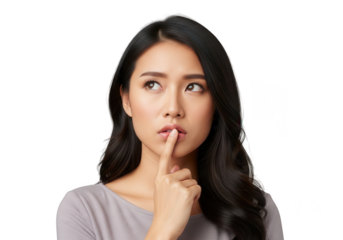Young woman makes a quiet gesture holding finger to lips