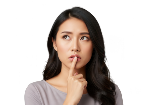 Young woman makes a quiet gesture holding finger to lips