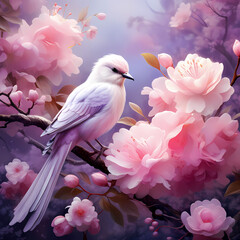 Serene scene with white doves and soft pink flowers background, nature wallpaper, cherry blossom in spring