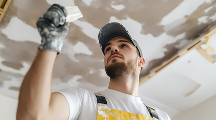 Focused worker applying finishing plaster to ceiling with gloved hand and trowel. Careful application, looking up. Room construction, repair, professional look.