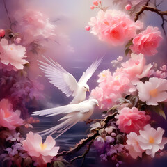 Serene scene with white doves and soft pink flowers background, nature wallpaper, cherry blossom in spring