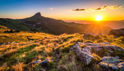 Sunset Over Green Hills and Jagged Mountains with Wooden Cabin &ndash; Vibrant Landscape Scene