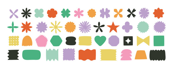 Y2K Minimalist retro Vector Geometric Shapes Set. Hand drawn Symbols, Labels and Icons. Stars, Flowers and Circles with ZigZag Edge