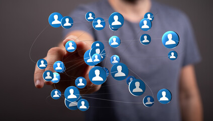 Close up of a hand interacting with a network of connections, representing social media, networking, and digital communication.