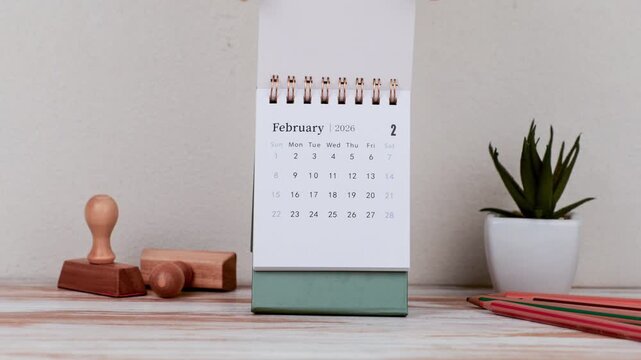 Hand Holding Desk Calendar Displaying February 2026 Date Symbolizing Time Management, Office Planning and Workplace Organization