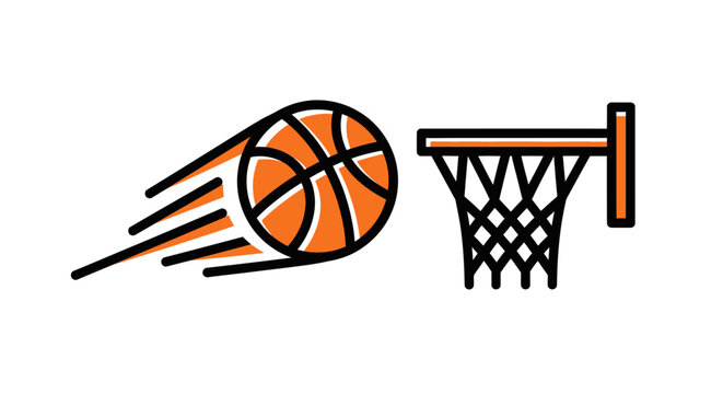 An orange basketball with speed lines flying towards a basketball hoop with a net, illustrating a shot or game.