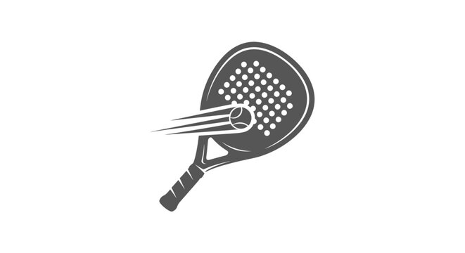 Monochrome icon of a padel racket hitting a ball with speed lines, isolated on a white background.