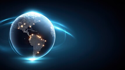 A view of Earth from space shows city lights sparkling at night, surrounded by a web of glowing connections, highlighting human presence