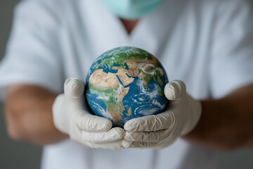 Caregiver in scrubs, masked and gloved, cradles a model of Earth in a supportive gesture. A symbol of global health and environmental responsibility. Planet Earth's future.
