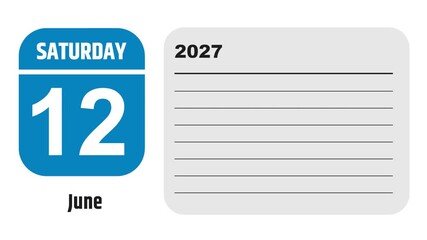 June 12, 2027: Animated 2030 planner showcasing June calendar, highlighting June 12th with space for tasks, notes, and to-do lists.
