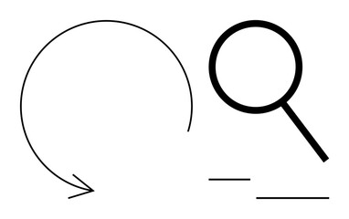 Curved arrow symbolizing a cycle and magnifying glass for focus, alongside minimal lines. Ideal for research, data review, investigation, exploration, feedback loop, process refinement, simple flat